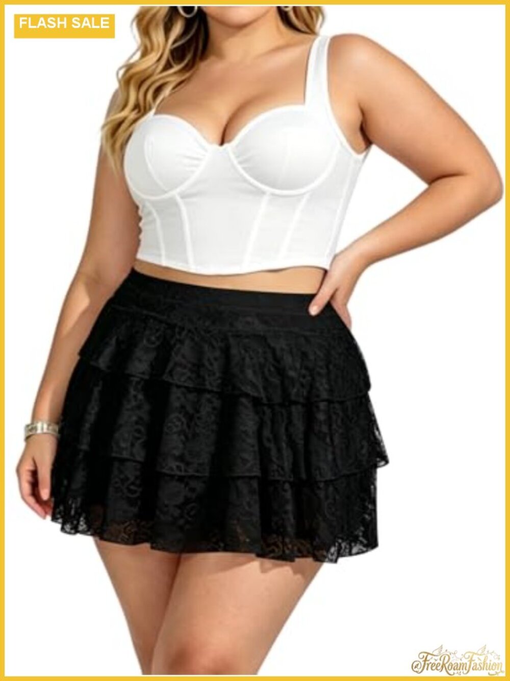 Plus Size Y2K Lace Layered High Waisted Ruffle Mini Skort with Pockets
